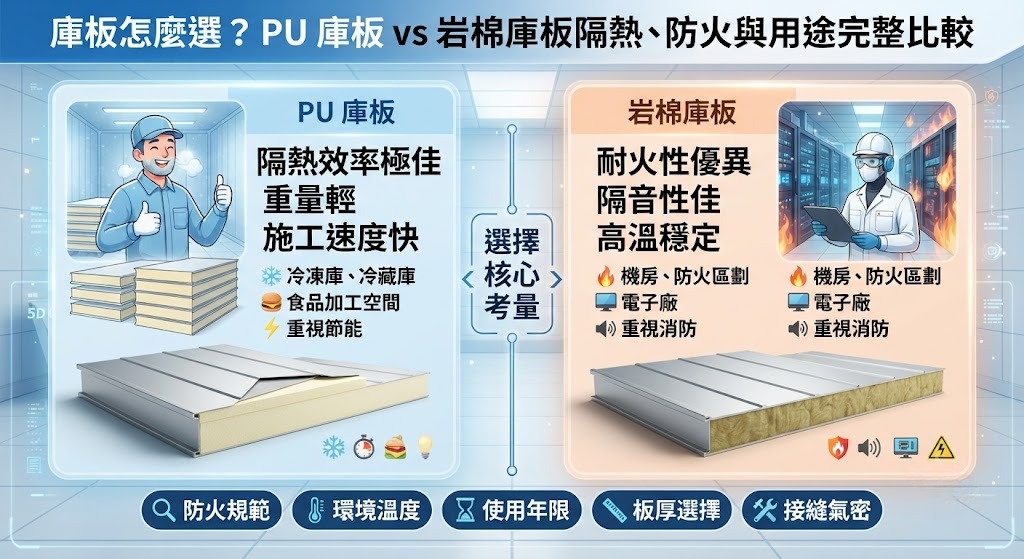 PU 庫板 vs 岩棉庫板怎麼選?隔熱、防火、費用與用途完整比較
